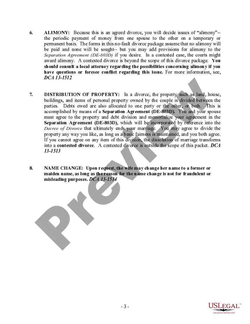 Preview Delaware No-Fault Uncontested Agreed Divorce Package for Dissolution of Marriage with Adult Children and with or without Property and Debts