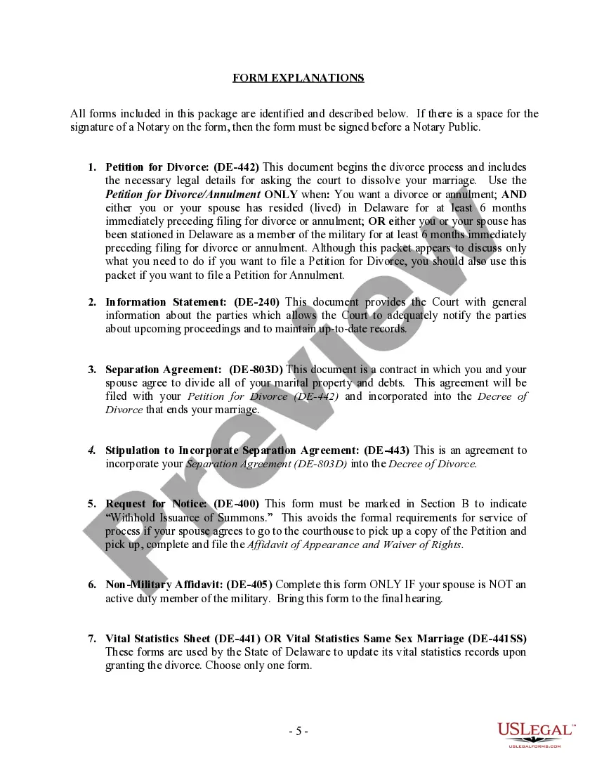 Preview Delaware No-Fault Uncontested Agreed Divorce Package for Dissolution of Marriage with Adult Children and with or without Property and Debts