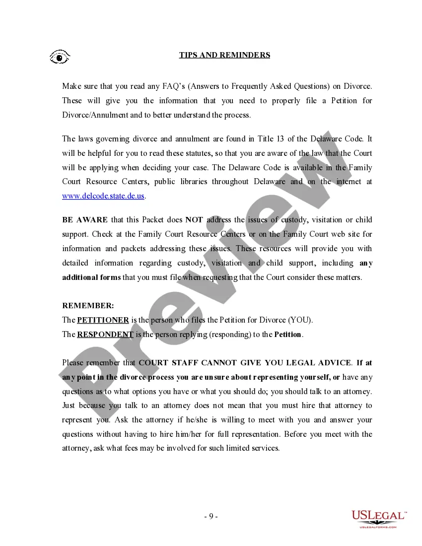 Preview Delaware No-Fault Uncontested Agreed Divorce Package for Dissolution of Marriage with Adult Children and with or without Property and Debts