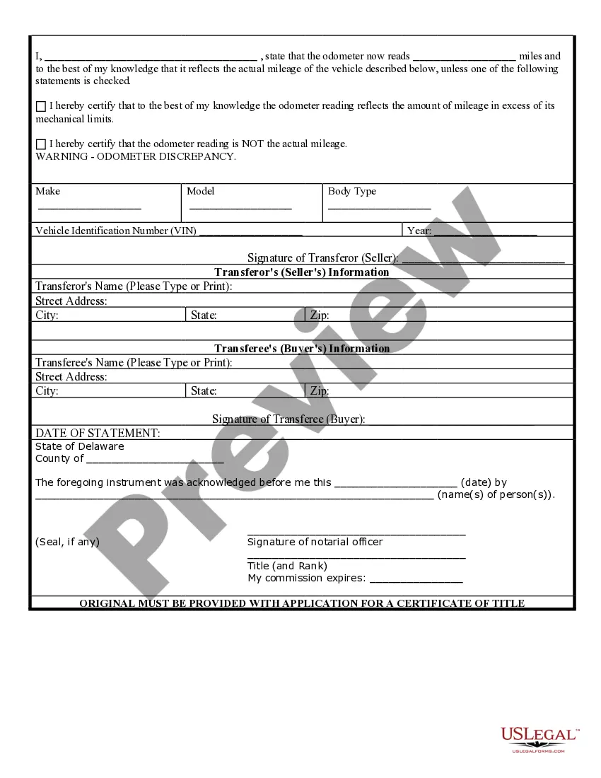 Preview Bill of Sale of Automobile and Odometer Statement