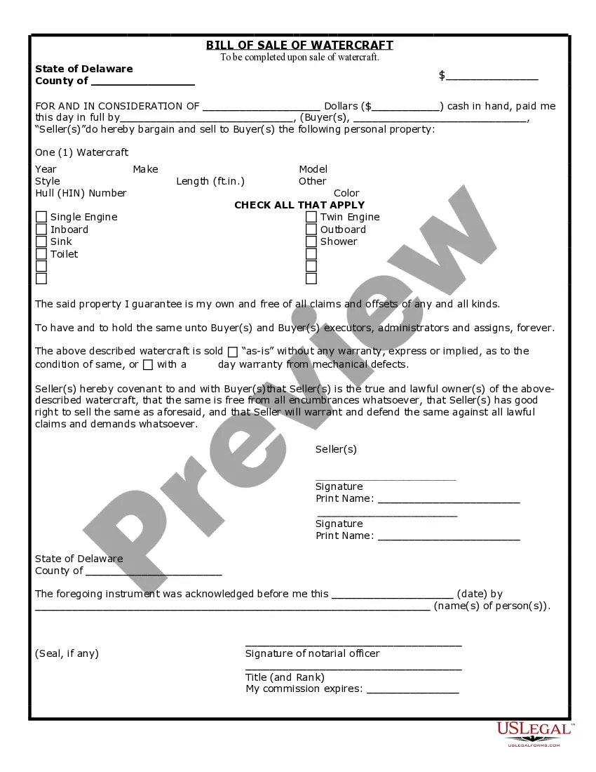 Preview Bill of Sale for WaterCraft or Boat