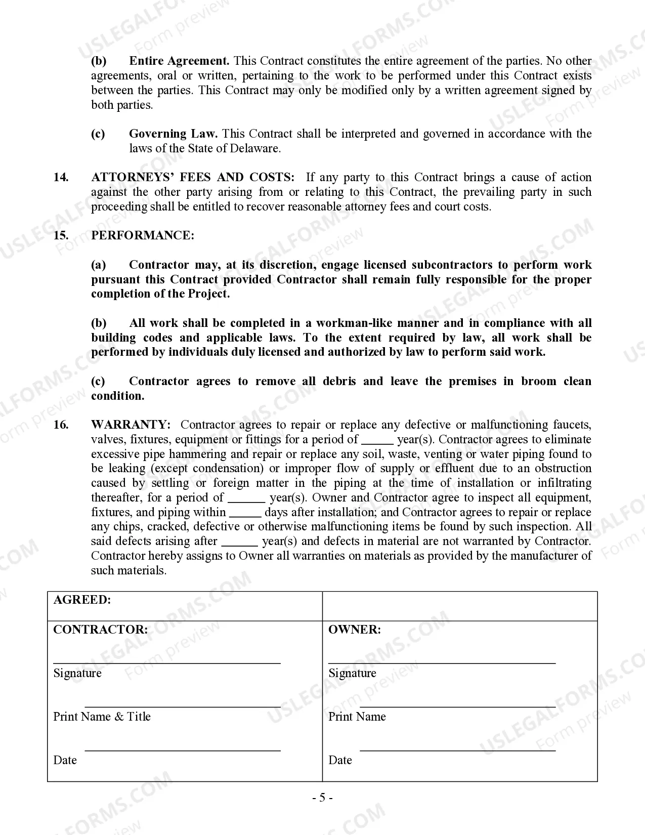 Preview Plumbing Contract for Contractor