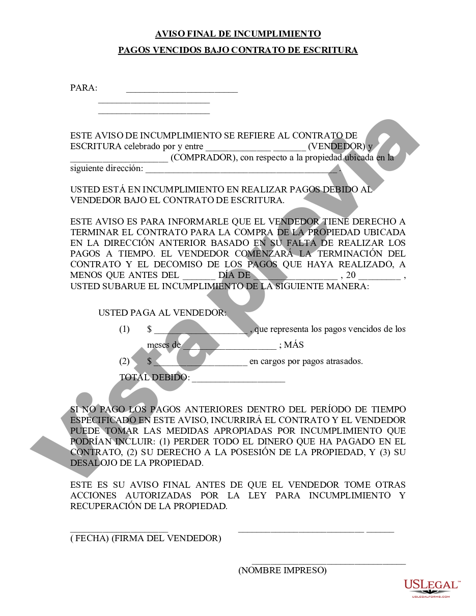 Delaware Aviso Final De Incumplimiento De Pagos Vencidos En Relación Con El Contrato De 7224