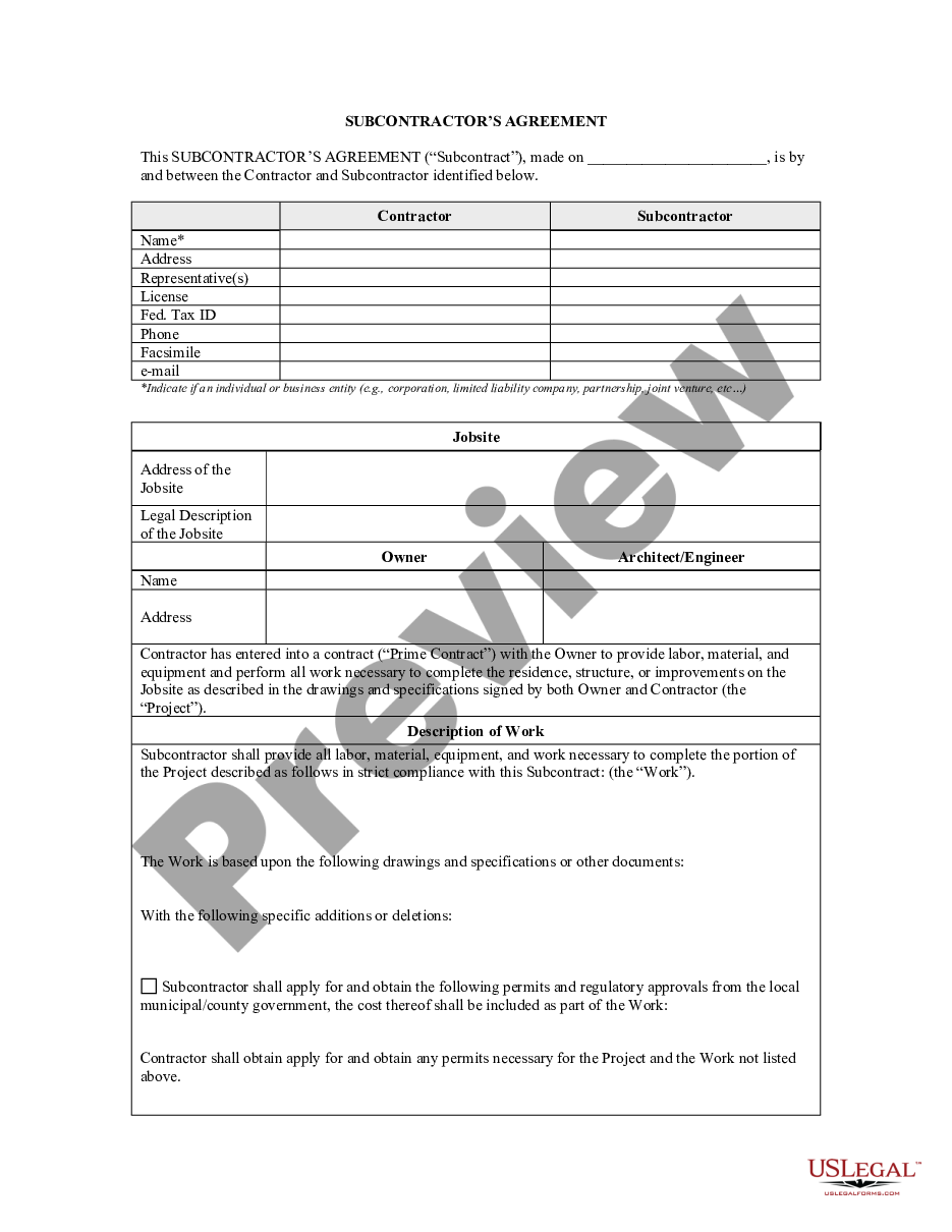 page 0 Subcontractor's Agreement preview