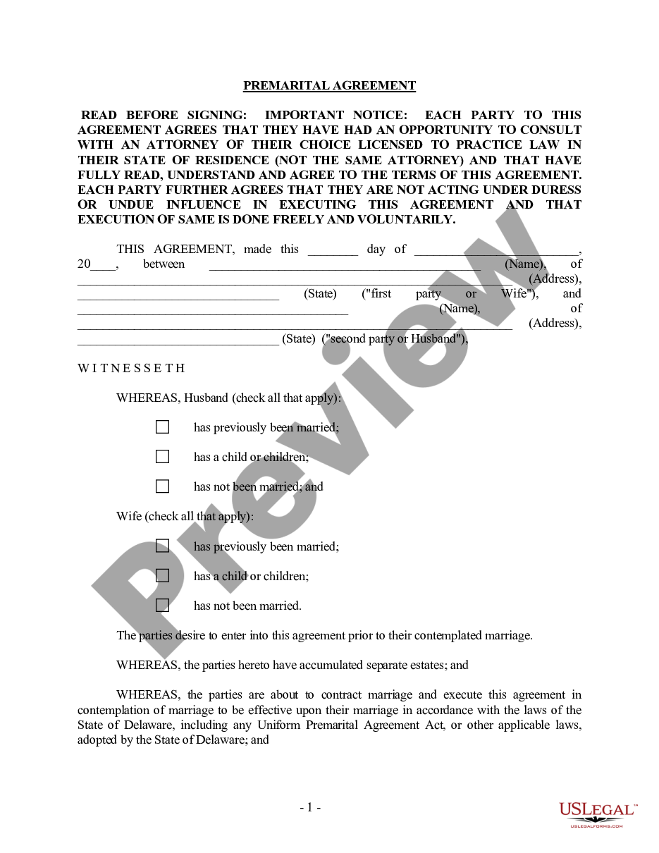 page 0 Delaware Prenuptial Premarital Agreement without Financial Statements preview