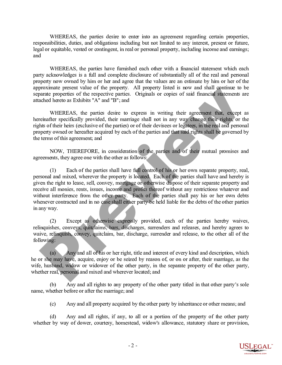 page 1 Delaware Prenuptial Premarital Agreement without Financial Statements preview