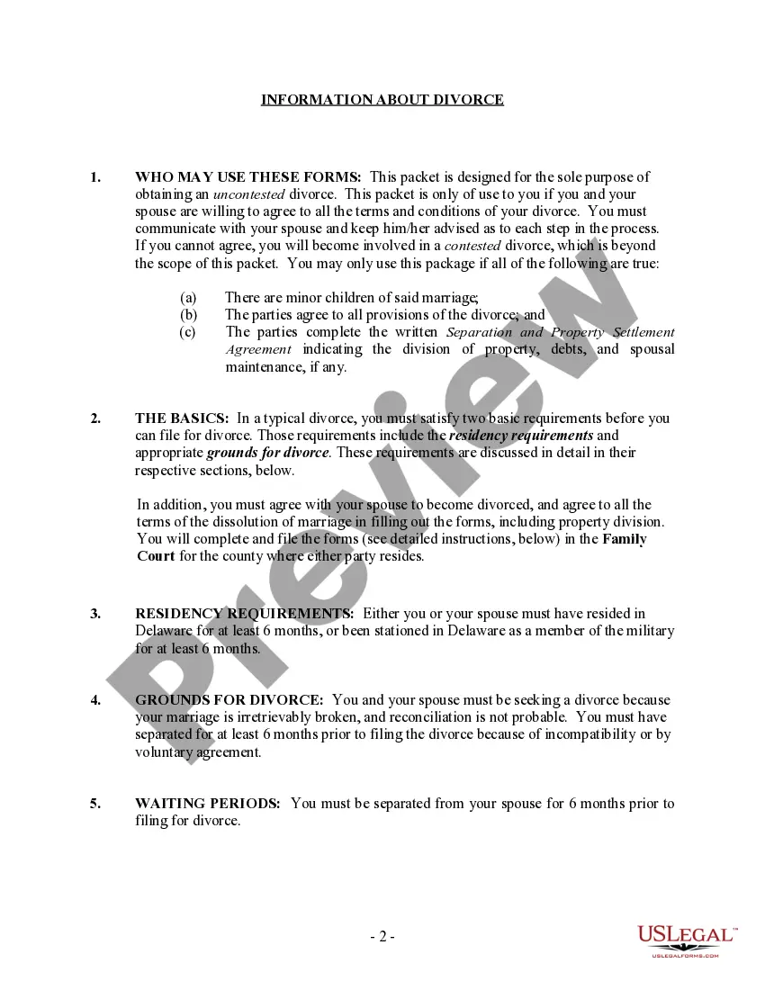 Get Delaware No-Fault Agreed Uncontested Divorce Package for Dissolution of Marriage for people with Minor Children Preview Delaware No-Fault Agreed Uncontested Divorce Package for Dissolution of Marriage for people with Minor Children