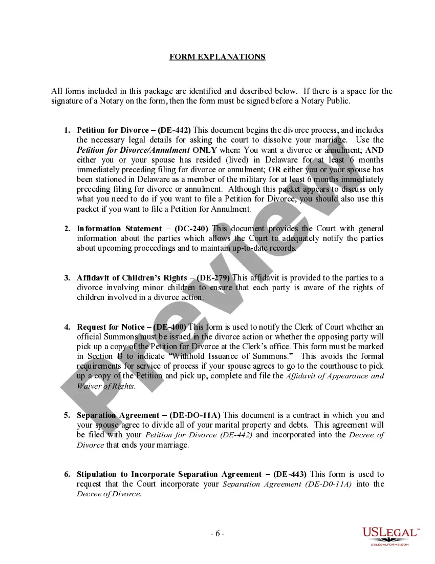 Get Delaware No-Fault Agreed Uncontested Divorce Package for Dissolution of Marriage for people with Minor Children Preview Delaware No-Fault Agreed Uncontested Divorce Package for Dissolution of Marriage for people with Minor Children