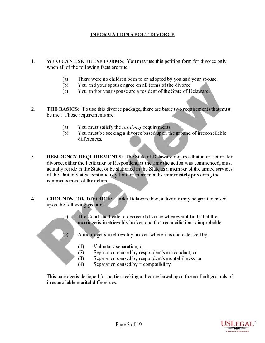 Preview Delaware No-Fault Agreed Uncontested Divorce Package for Dissolution of Marriage for Persons with No Children with or without Property and Debts