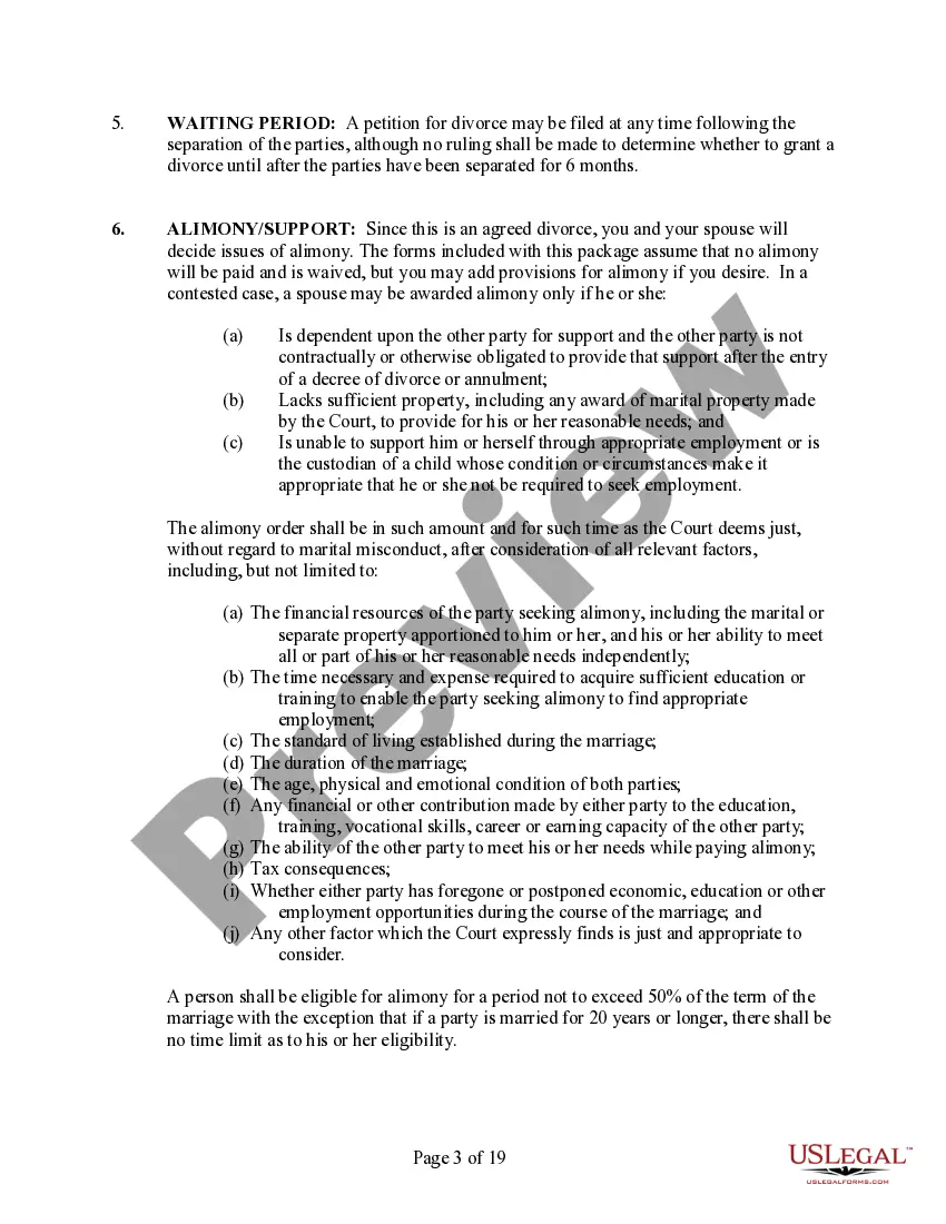 Preview Delaware No-Fault Agreed Uncontested Divorce Package for Dissolution of Marriage for Persons with No Children with or without Property and Debts