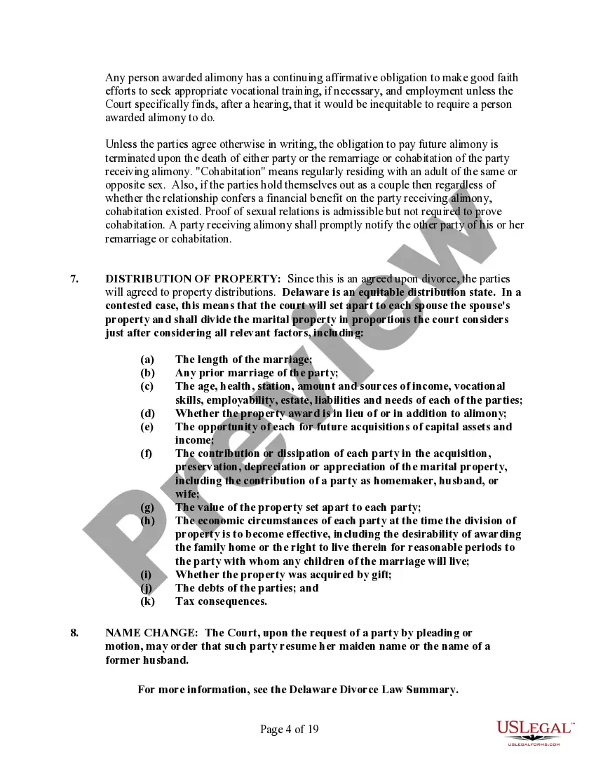 Preview Delaware No-Fault Agreed Uncontested Divorce Package for Dissolution of Marriage for Persons with No Children with or without Property and Debts