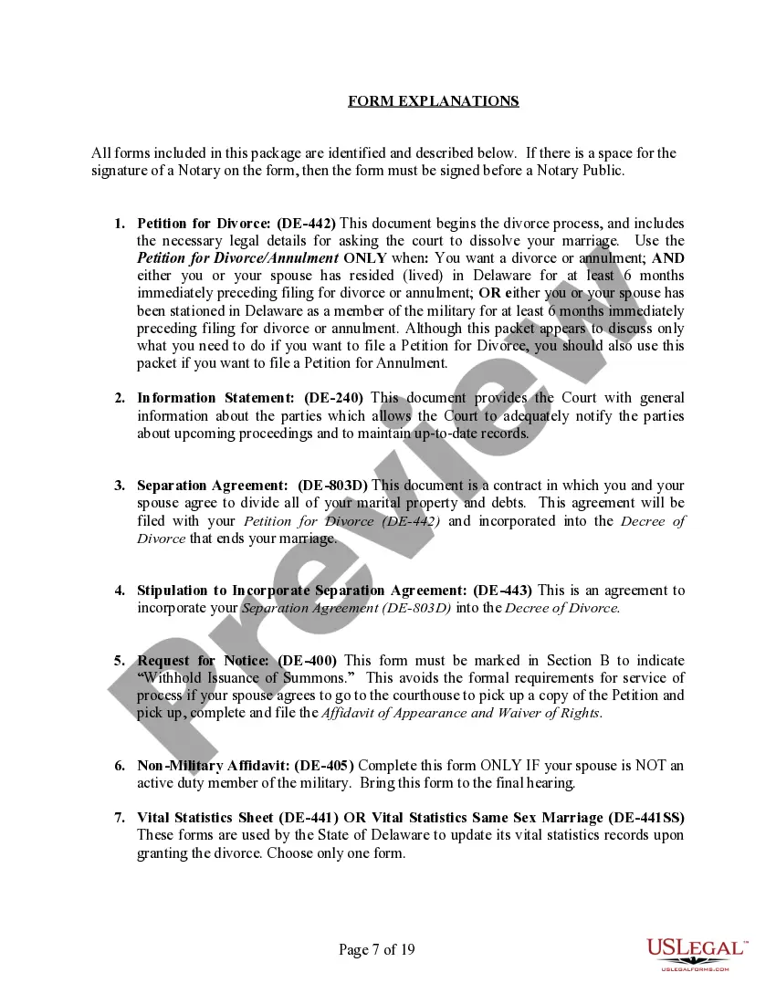 Preview Delaware No-Fault Agreed Uncontested Divorce Package for Dissolution of Marriage for Persons with No Children with or without Property and Debts