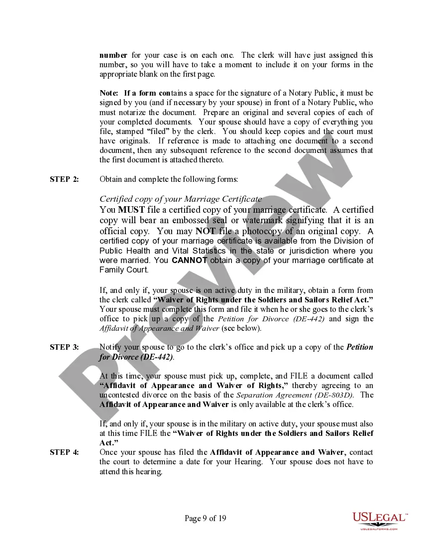 Preview Delaware No-Fault Agreed Uncontested Divorce Package for Dissolution of Marriage for Persons with No Children with or without Property and Debts