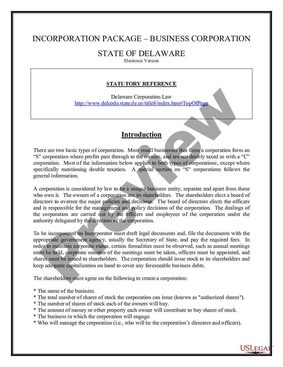 form Delaware Business Incorporation Package preview