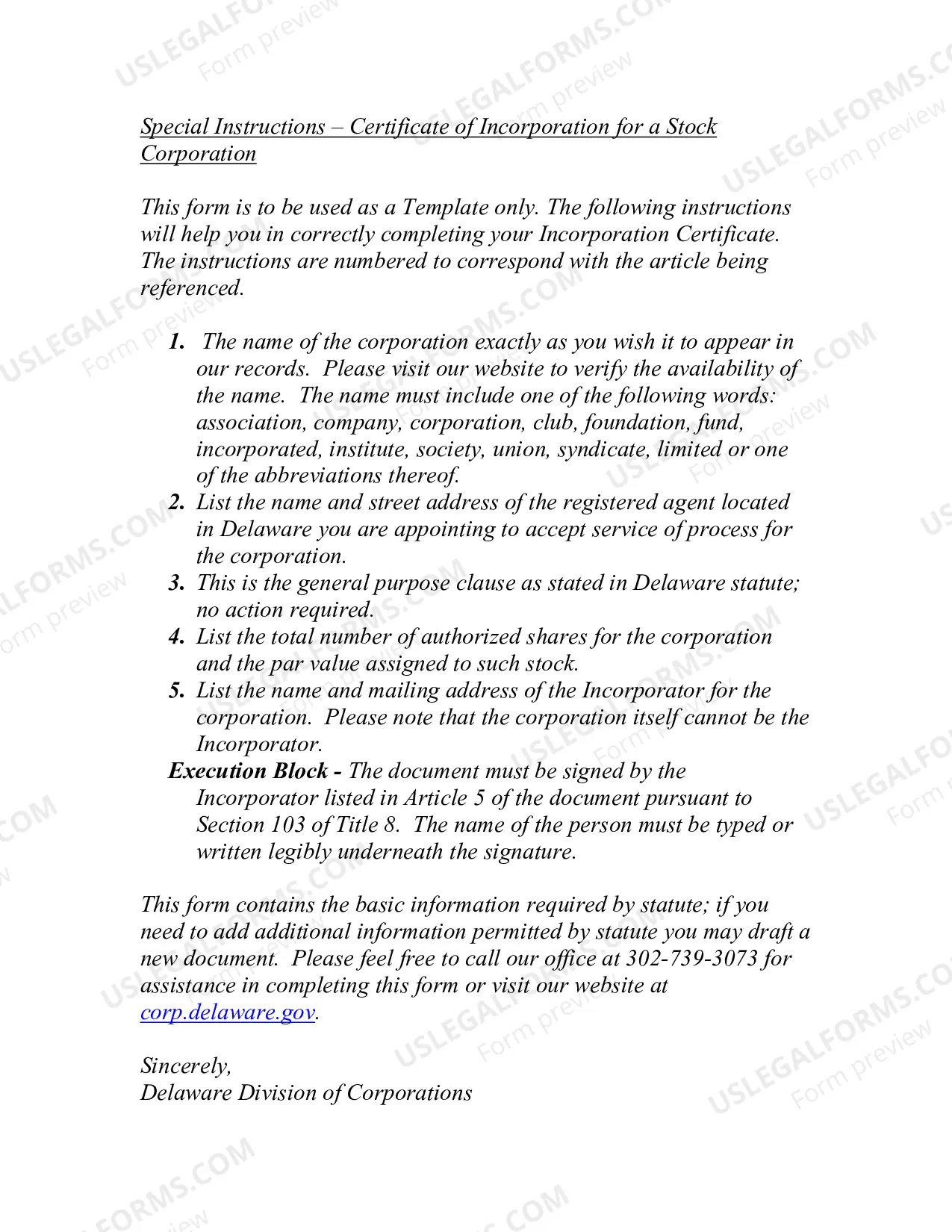 Preview Delaware Articles of Incorporation Certificate - Domestic For-Profit - Stock Corporation