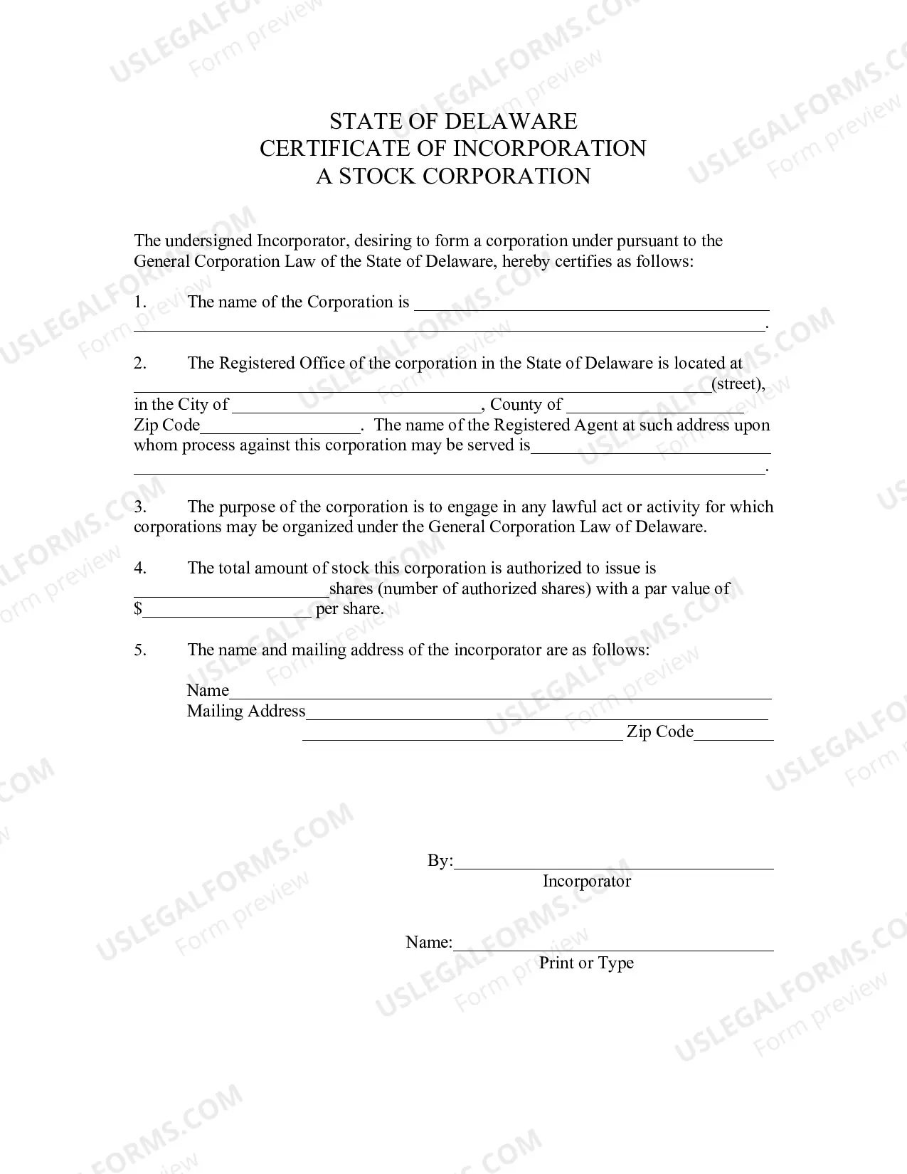 Preview Delaware Articles of Incorporation Certificate - Domestic For-Profit - Stock Corporation