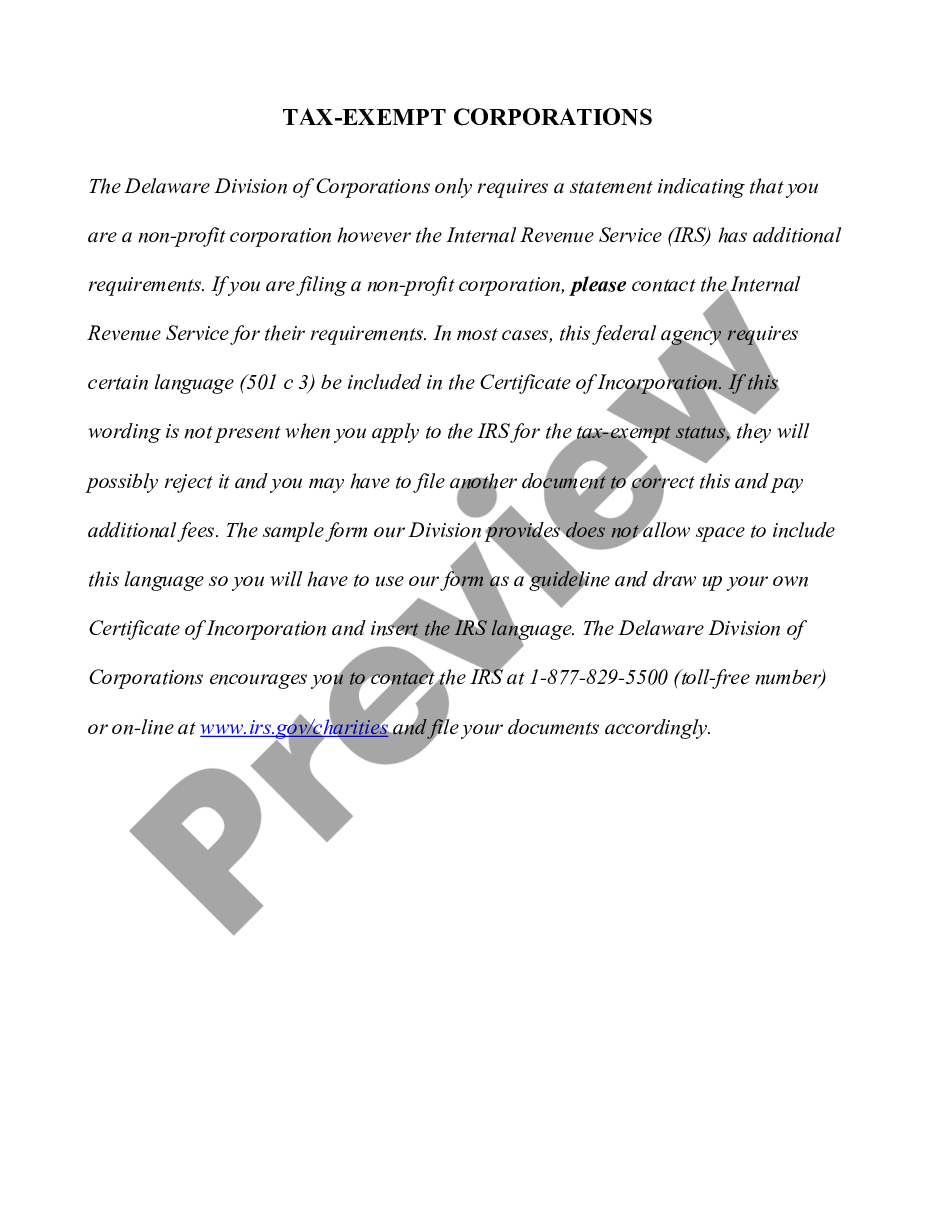 Delaware Articles of Incorporation Certificate Delaware Articles Of