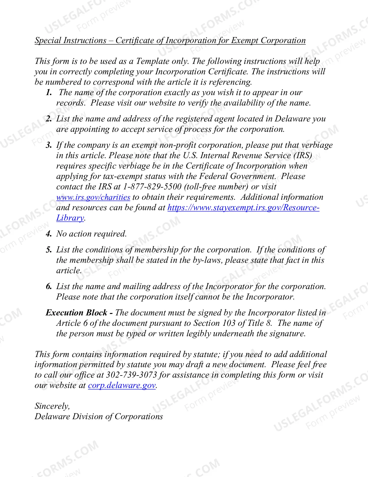 Preview Delaware Articles of Incorporation Certificate - Domestic Nonprofit Corporation