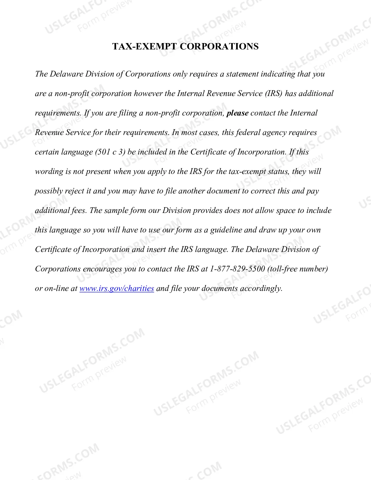 Preview Delaware Articles of Incorporation Certificate - Domestic Nonprofit Corporation