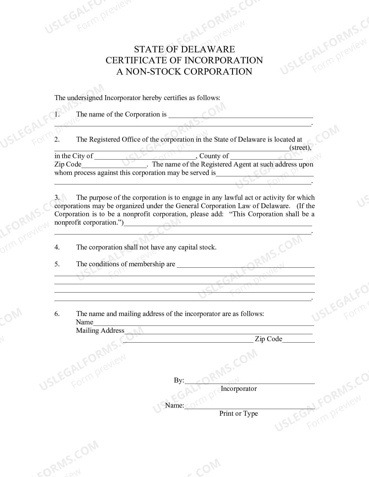 Preview Delaware Articles of Incorporation Certificate - Domestic Nonprofit Corporation