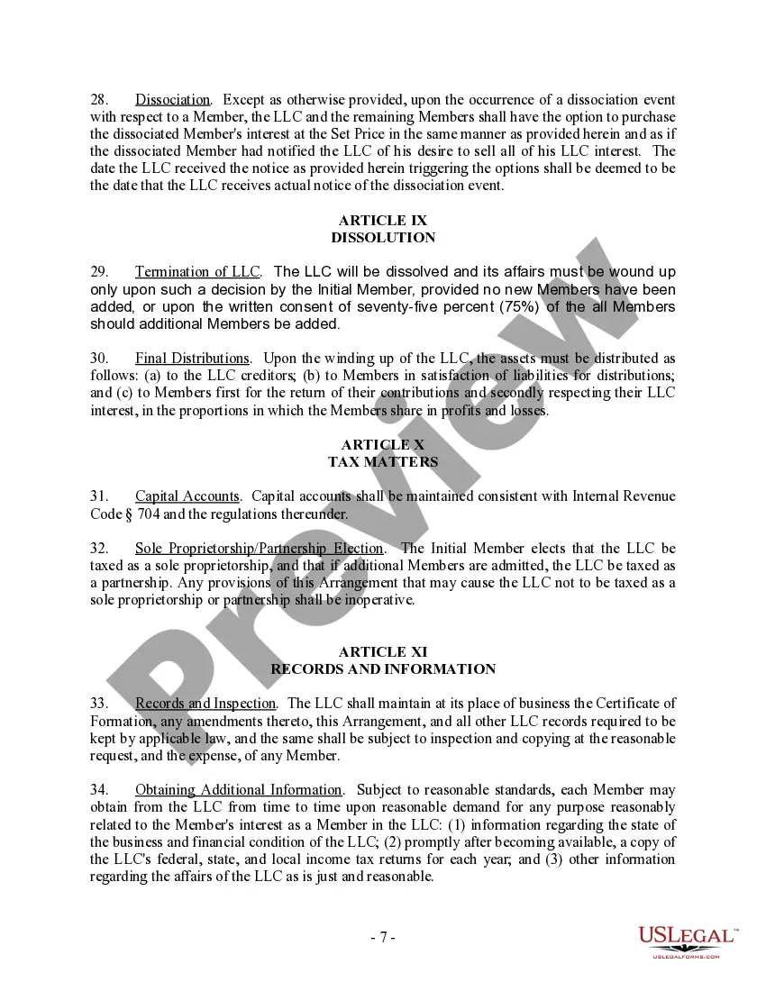 Preview Single Member Limited Liability Company LLC Operating Agreement