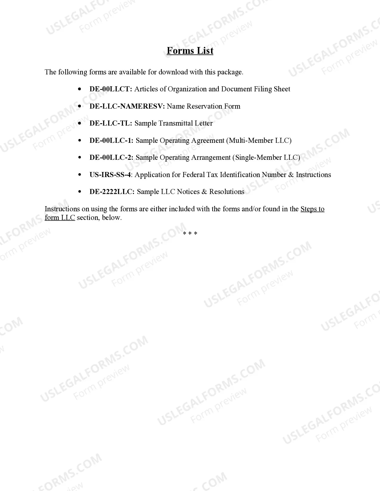 Preview Delaware Limited Liability Company LLC Formation Package