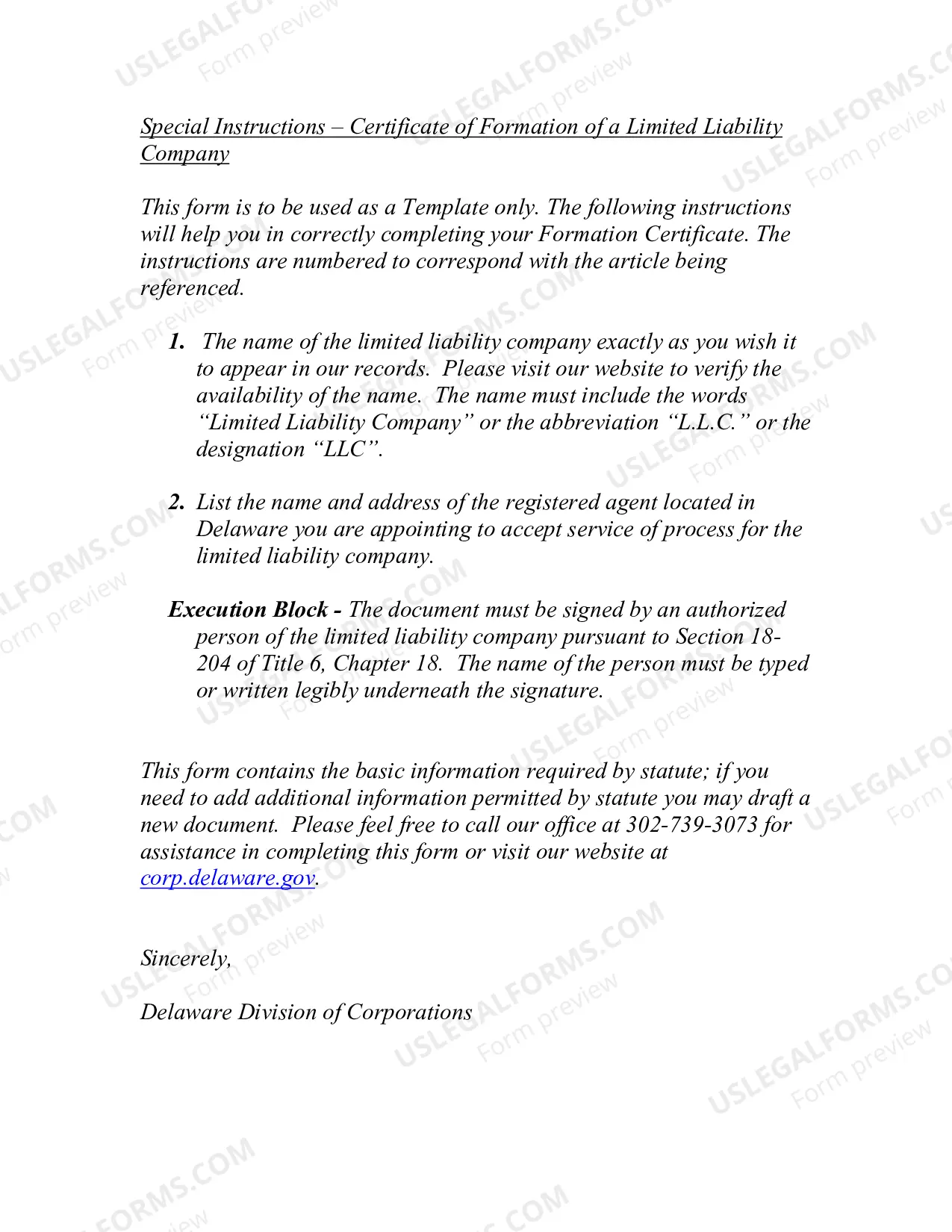 Preview Delaware Certificate of Formation for Domestic Limited Liability Company LLC