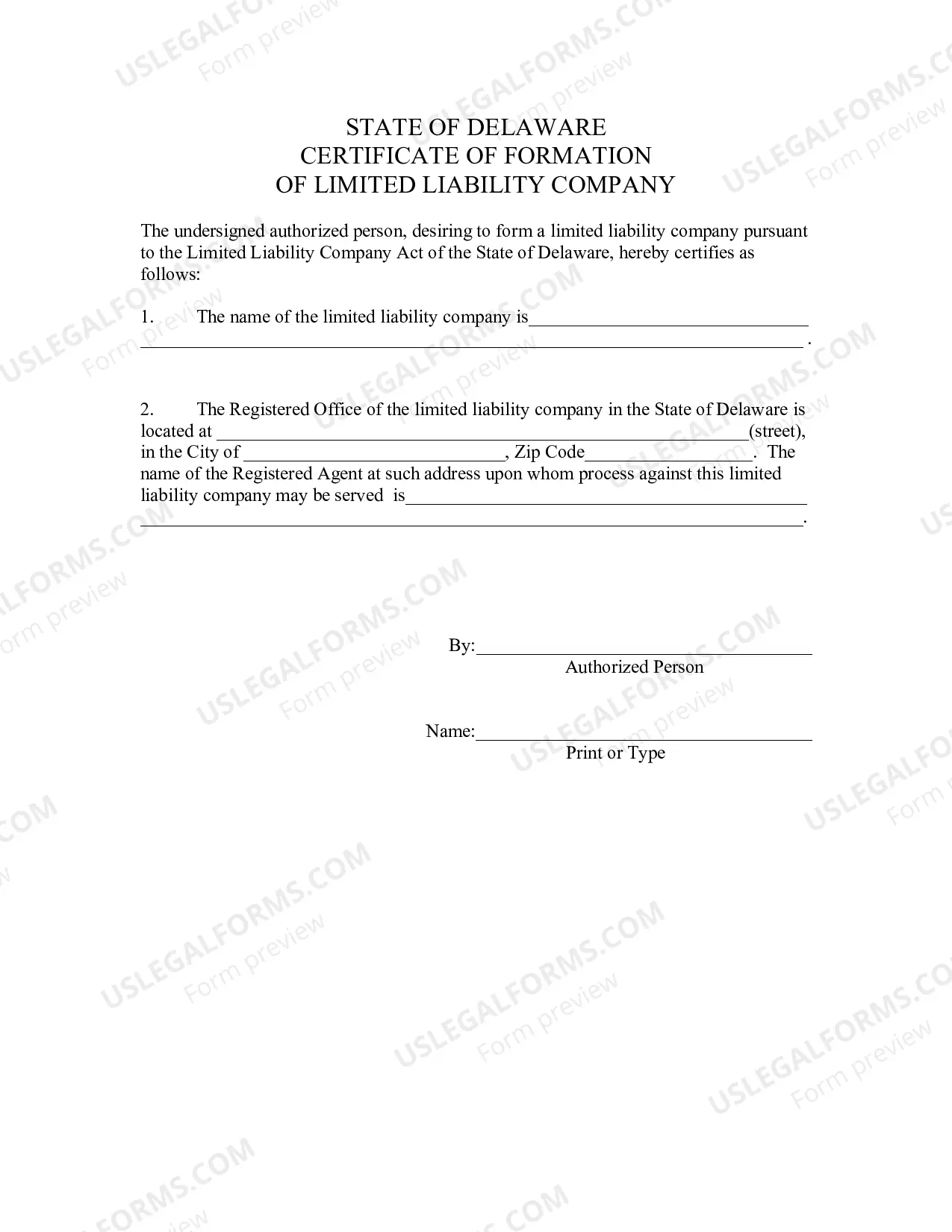 Preview Delaware Certificate of Formation for Domestic Limited Liability Company LLC