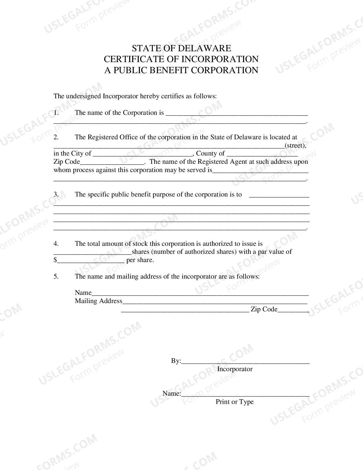 Preview Certificate of Incorporation for a Public Benefit Corporation