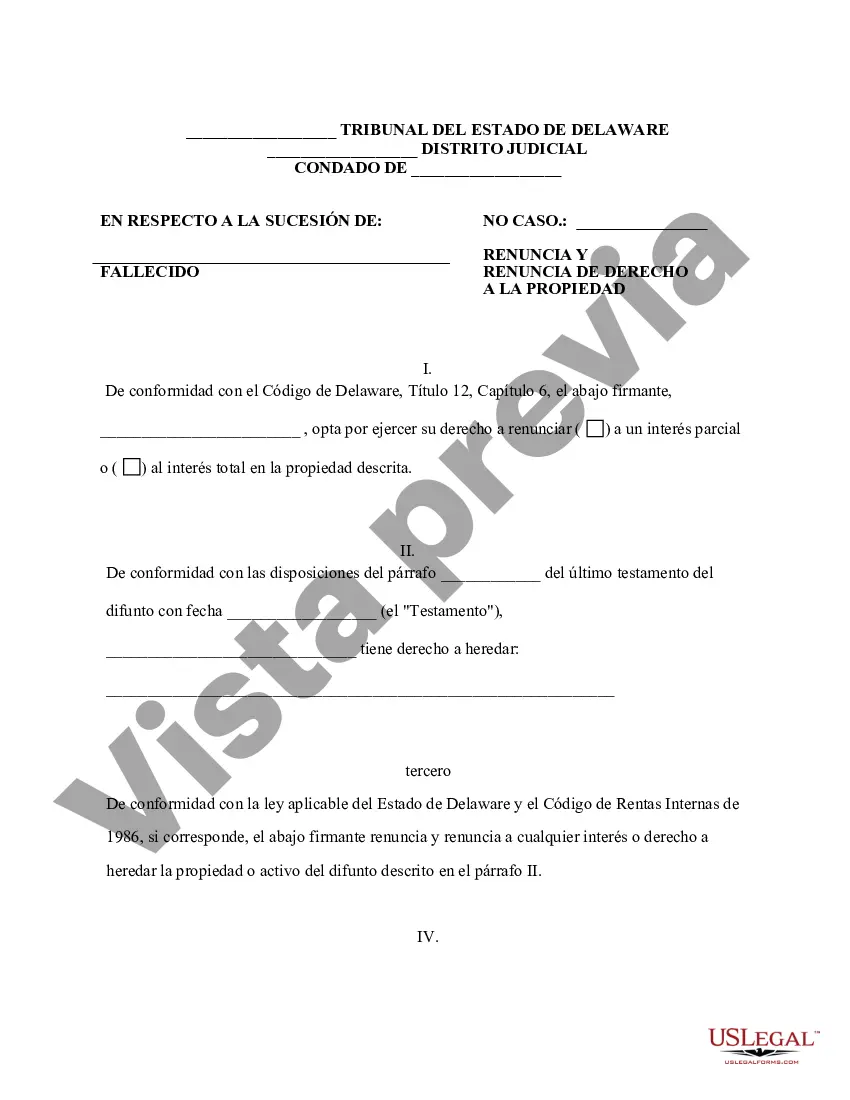 Preview Renuncia de Delaware y renuncia de propiedad del testamento por testamento