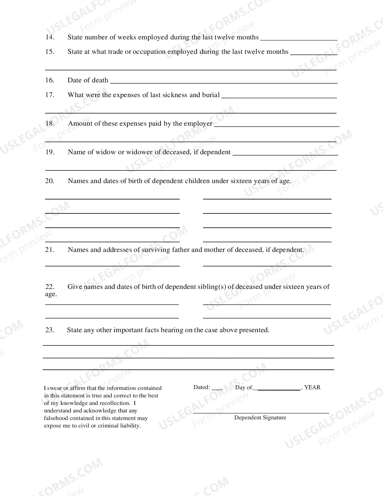 Preview Petition to Determine Compensation Due to Dependents of Deceased Employee