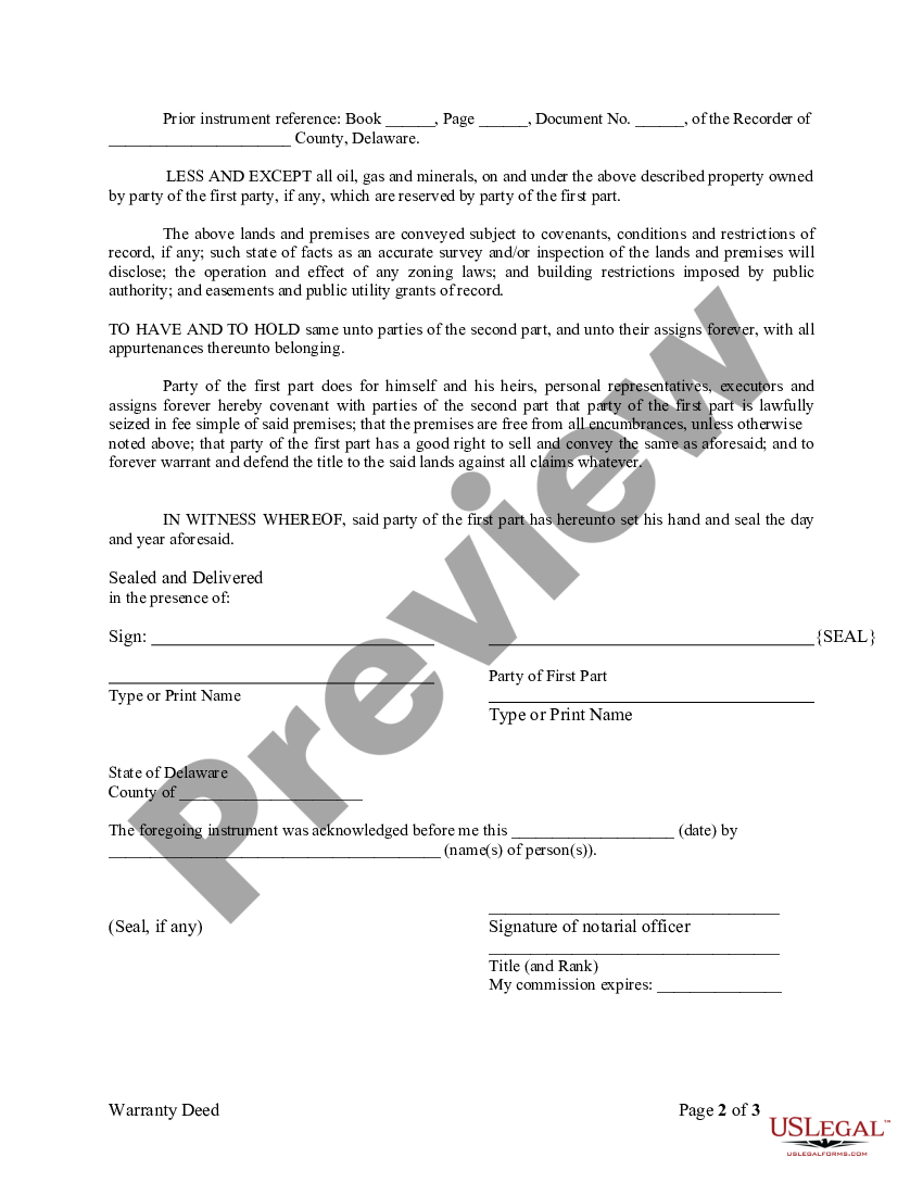 Delaware Warranty Deed From Husband To Himself And Wife Us Legal Forms 