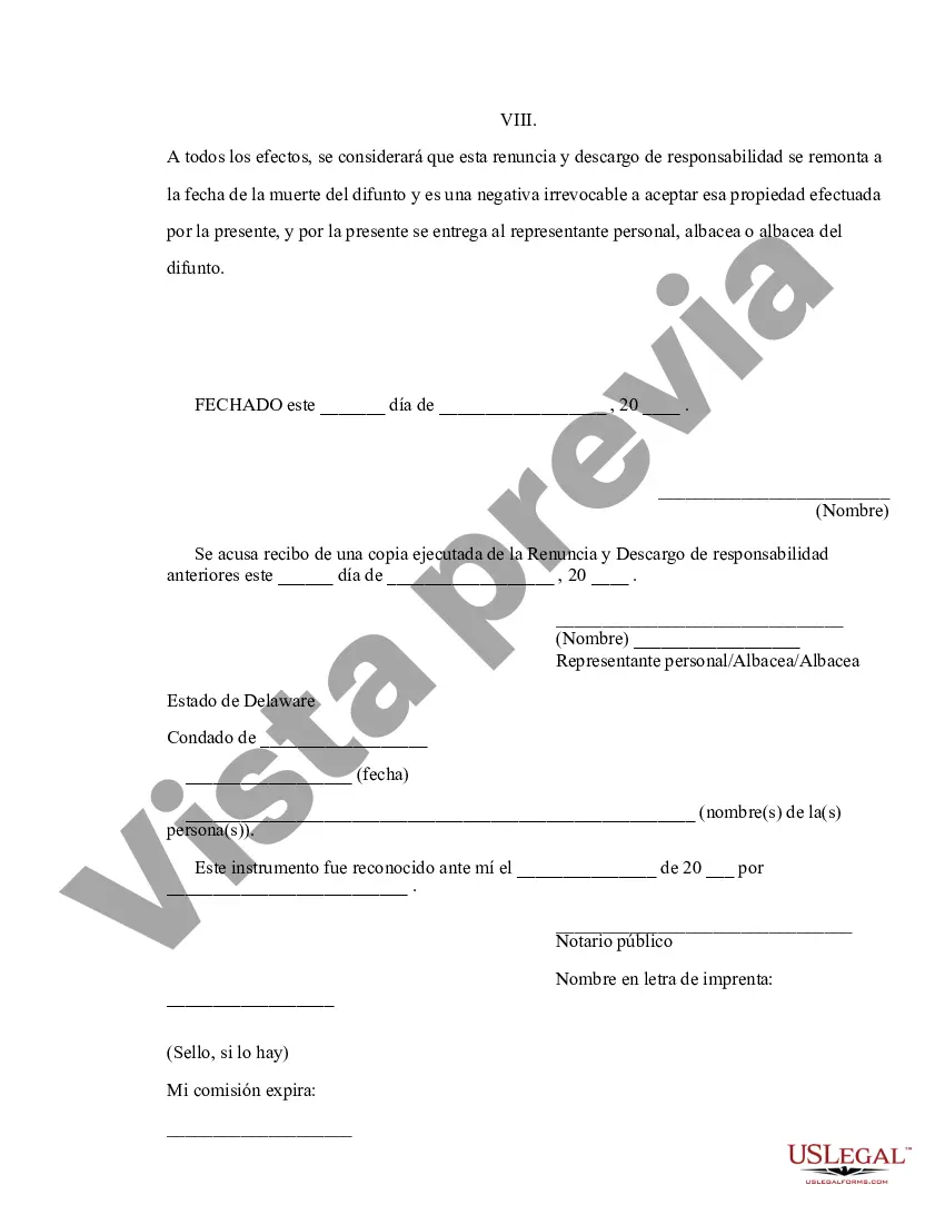 Preview Renuncia de Delaware y descargo de responsabilidad de la propiedad recibida por sucesión intestada