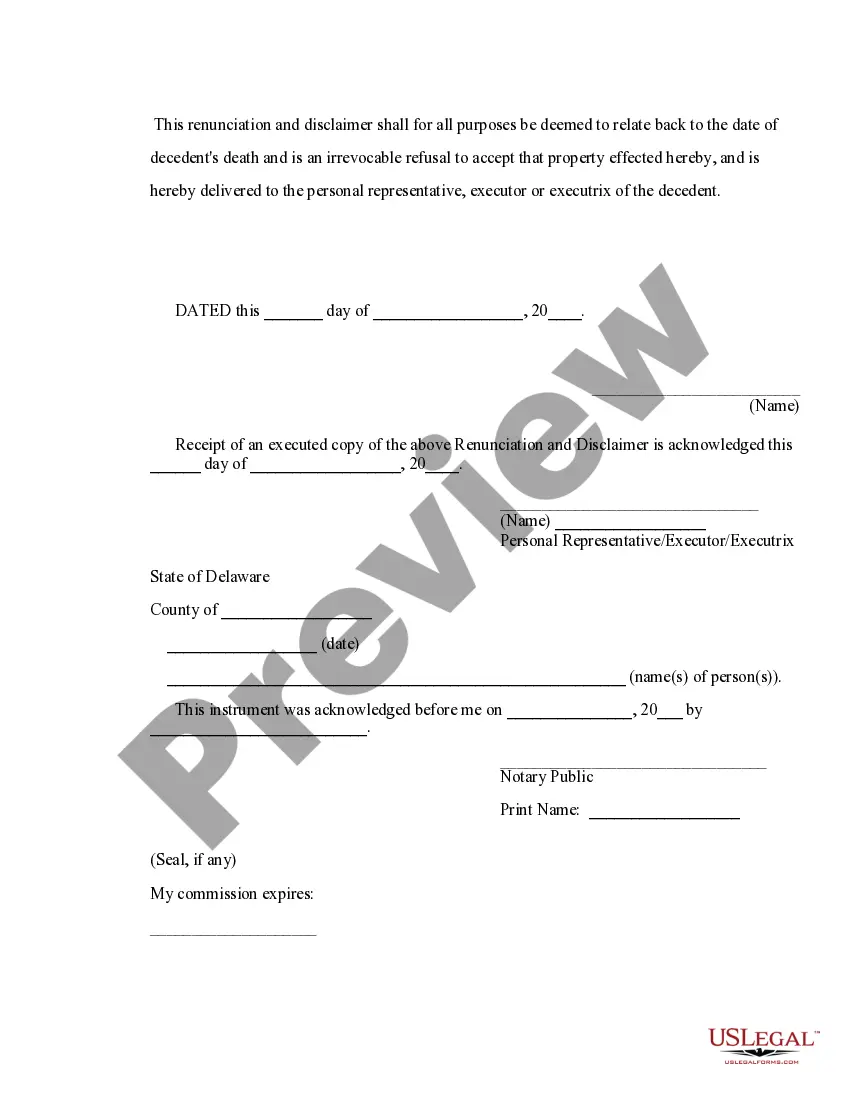 Preview Delaware Renunciation And Disclaimer of Property received by Intestate Succession