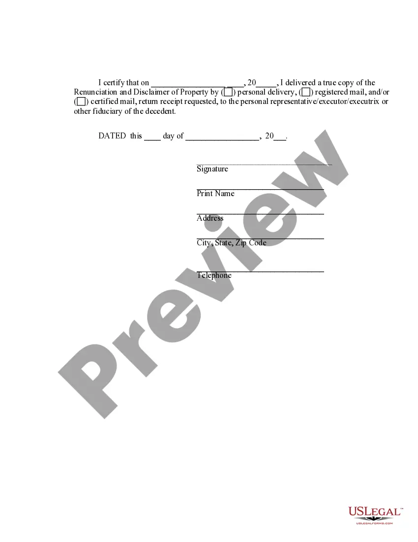 Preview Delaware Renunciation And Disclaimer of Property received by Intestate Succession