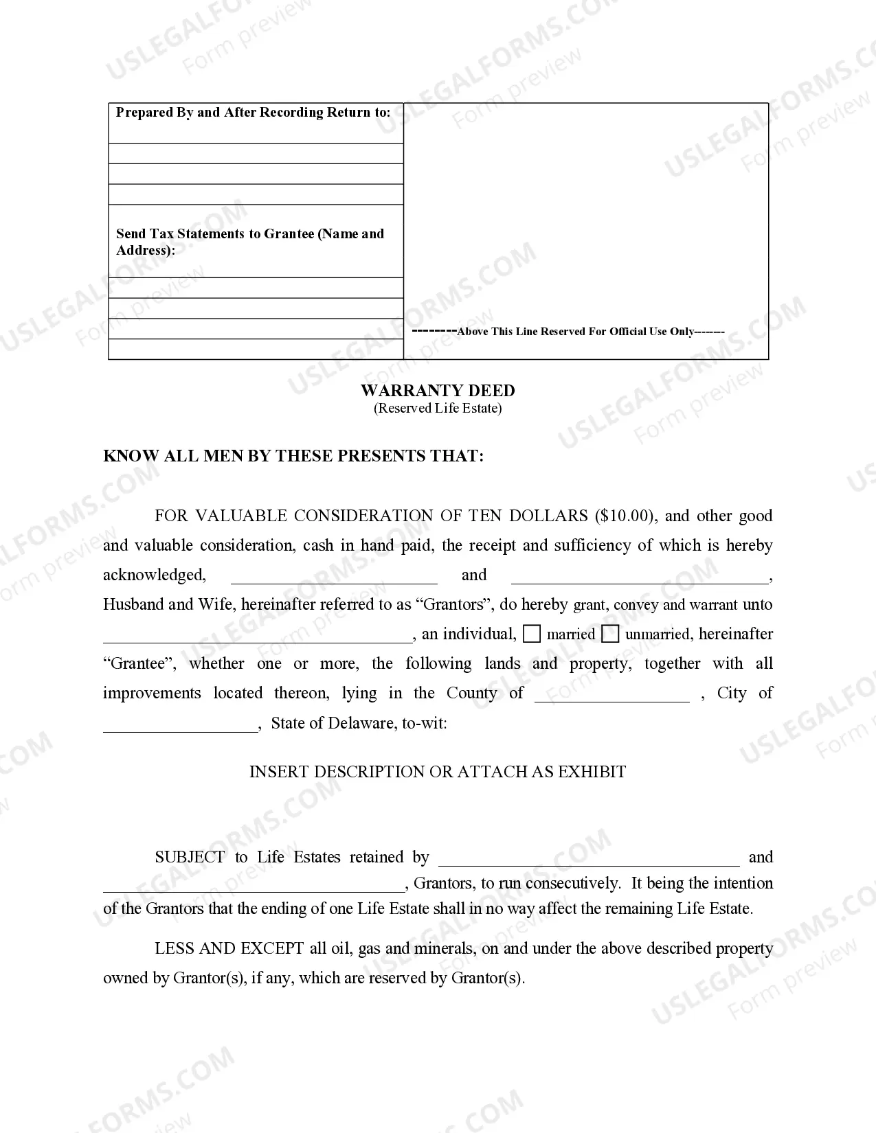 Preview Warranty Deed to Child Reserving a Life Estate in the Parents