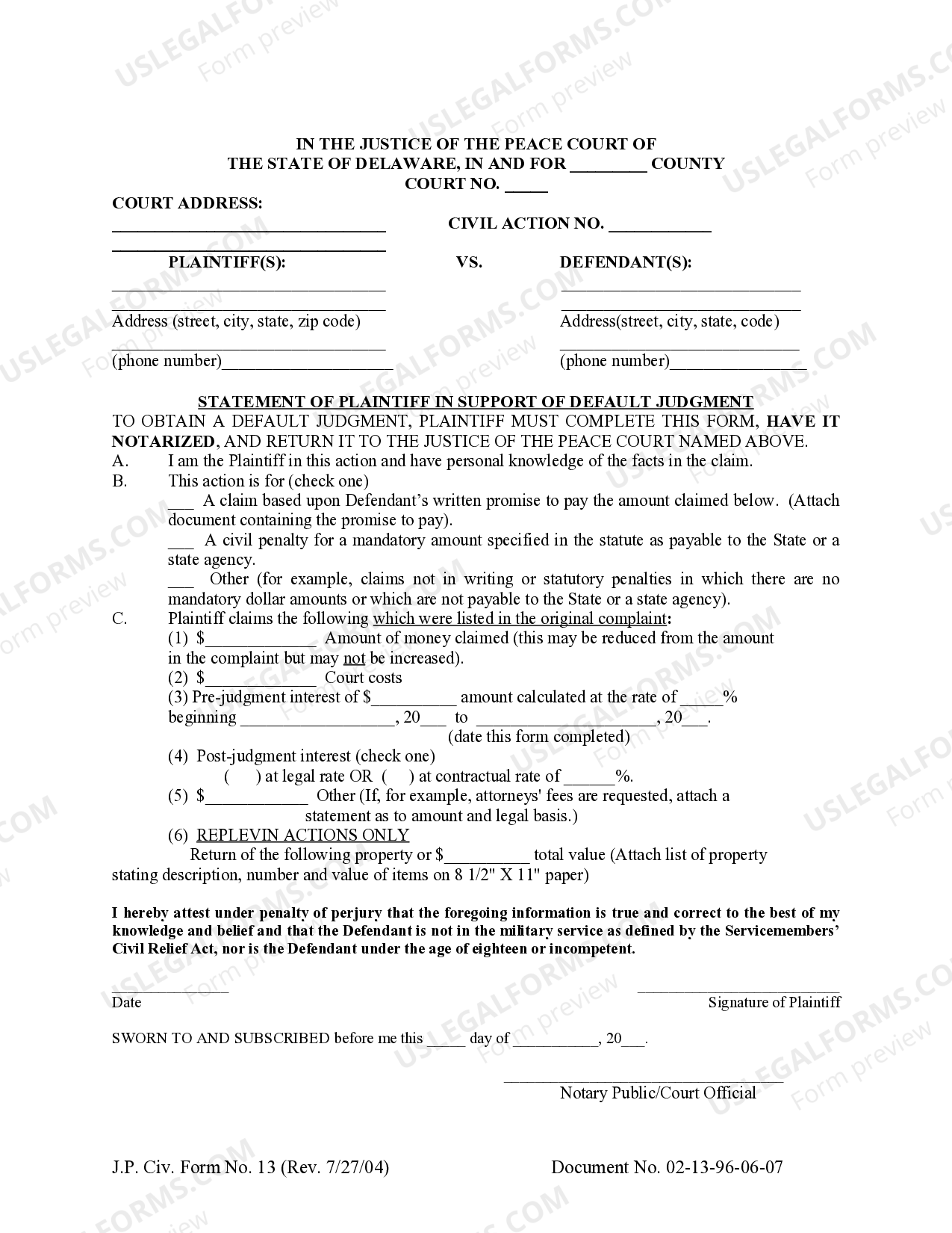 Delaware Statement Of Plaintiff In Support Of Default Judgment US