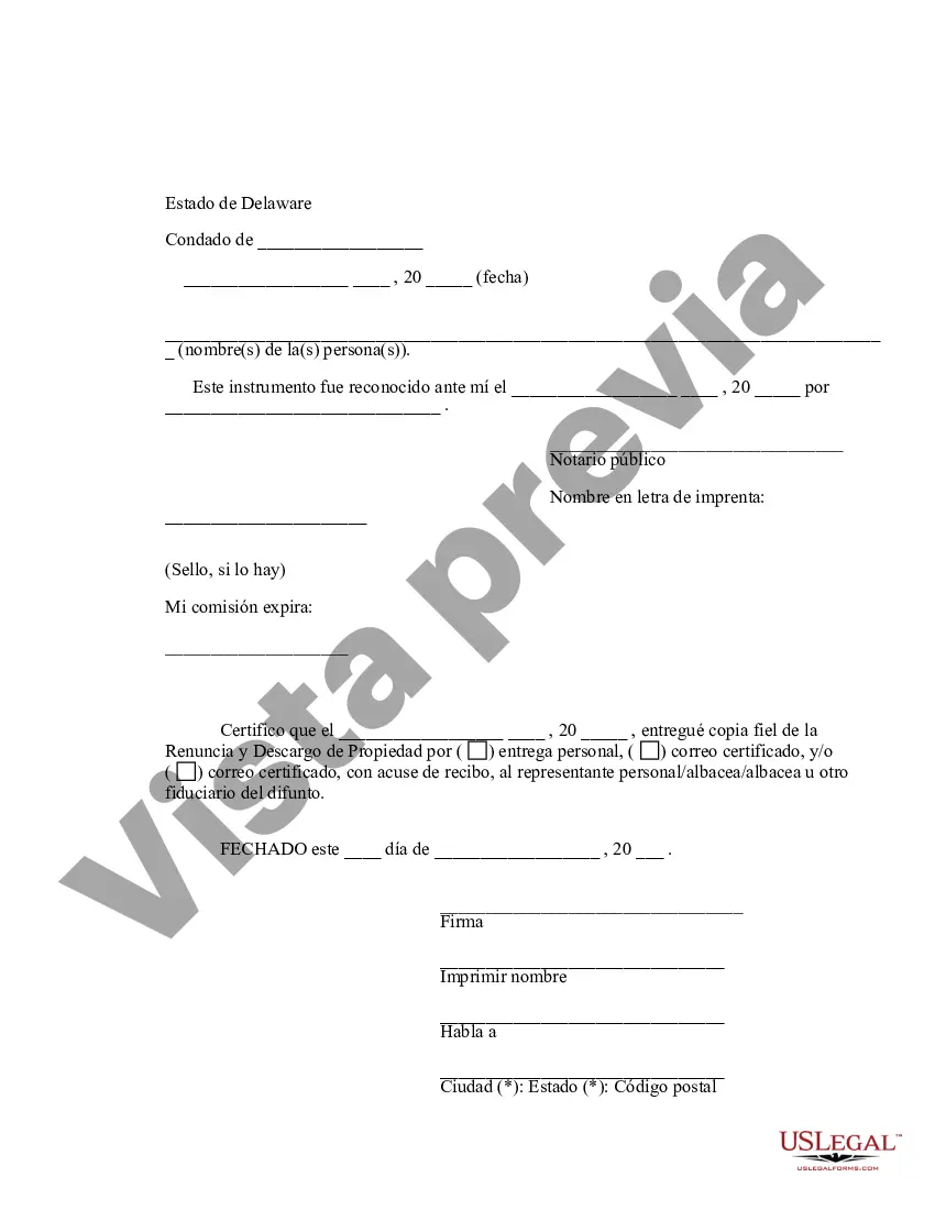 Preview Delaware Renuncia y descargo de responsabilidad del inquilino conjunto o interés de tenencia