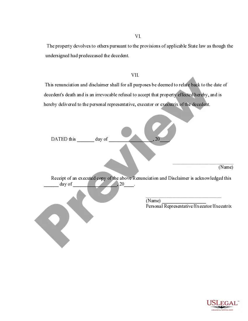 Preview Delaware Renunciation And Disclaimer of Joint Tenant or Tenancy Interest