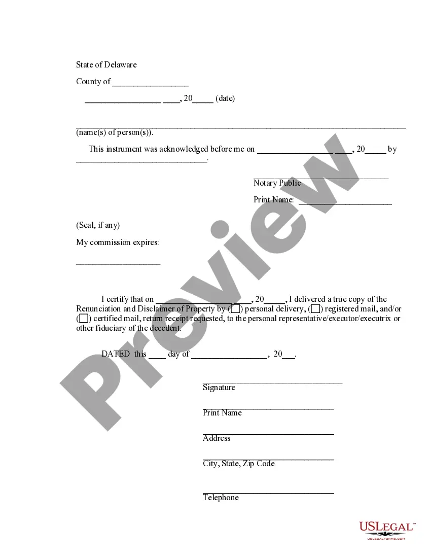 Preview Delaware Renunciation And Disclaimer of Joint Tenant or Tenancy Interest