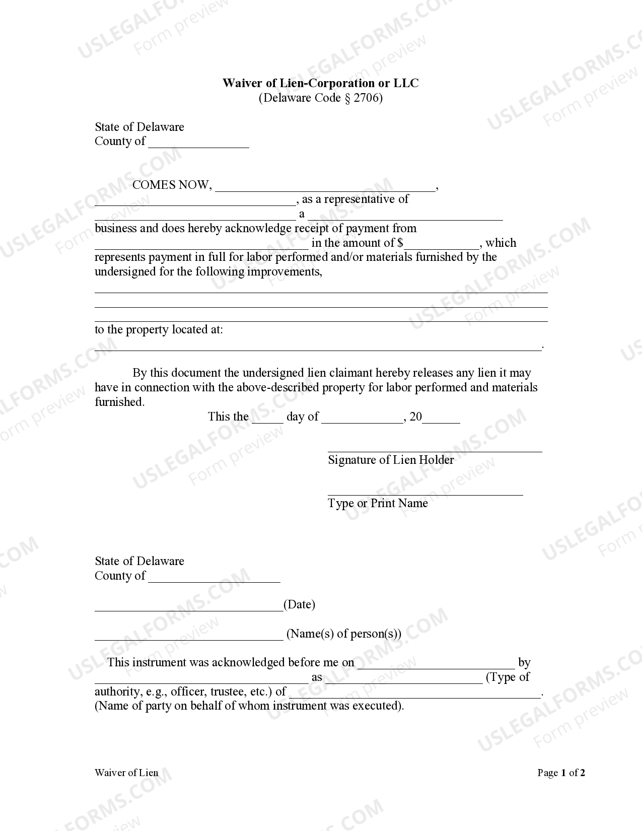 Delaware Release of Mechanic's Lien Corporation or LLC Construction