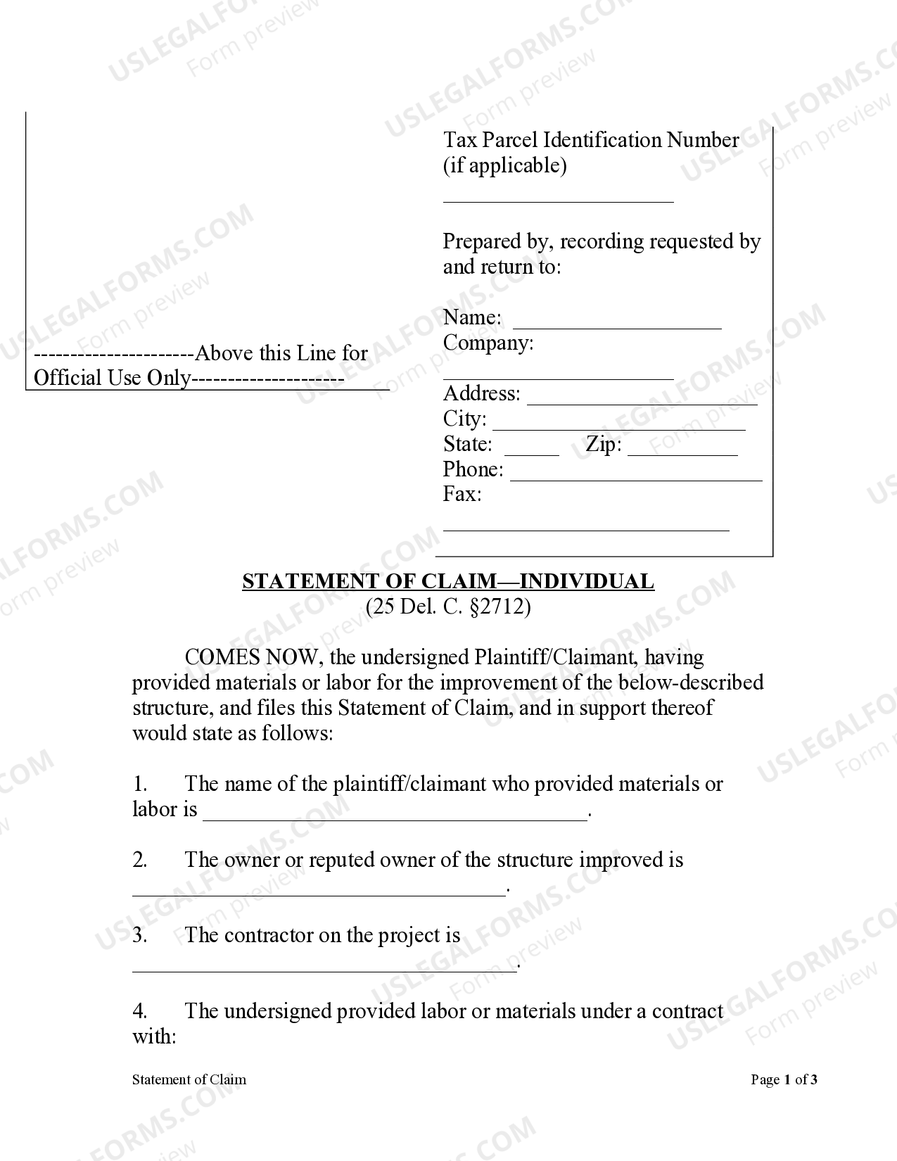 Delaware Statement Of Claim Individual US Legal Forms