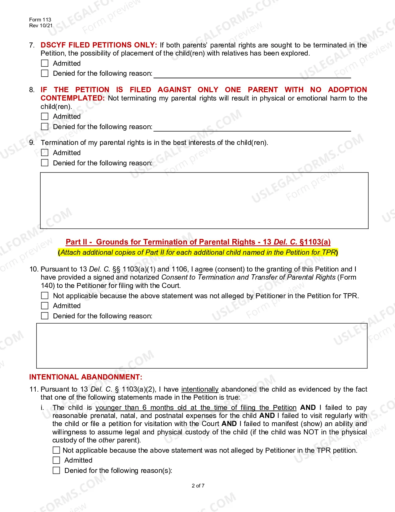 Preview Answer to Termination of Parental Rights Packet