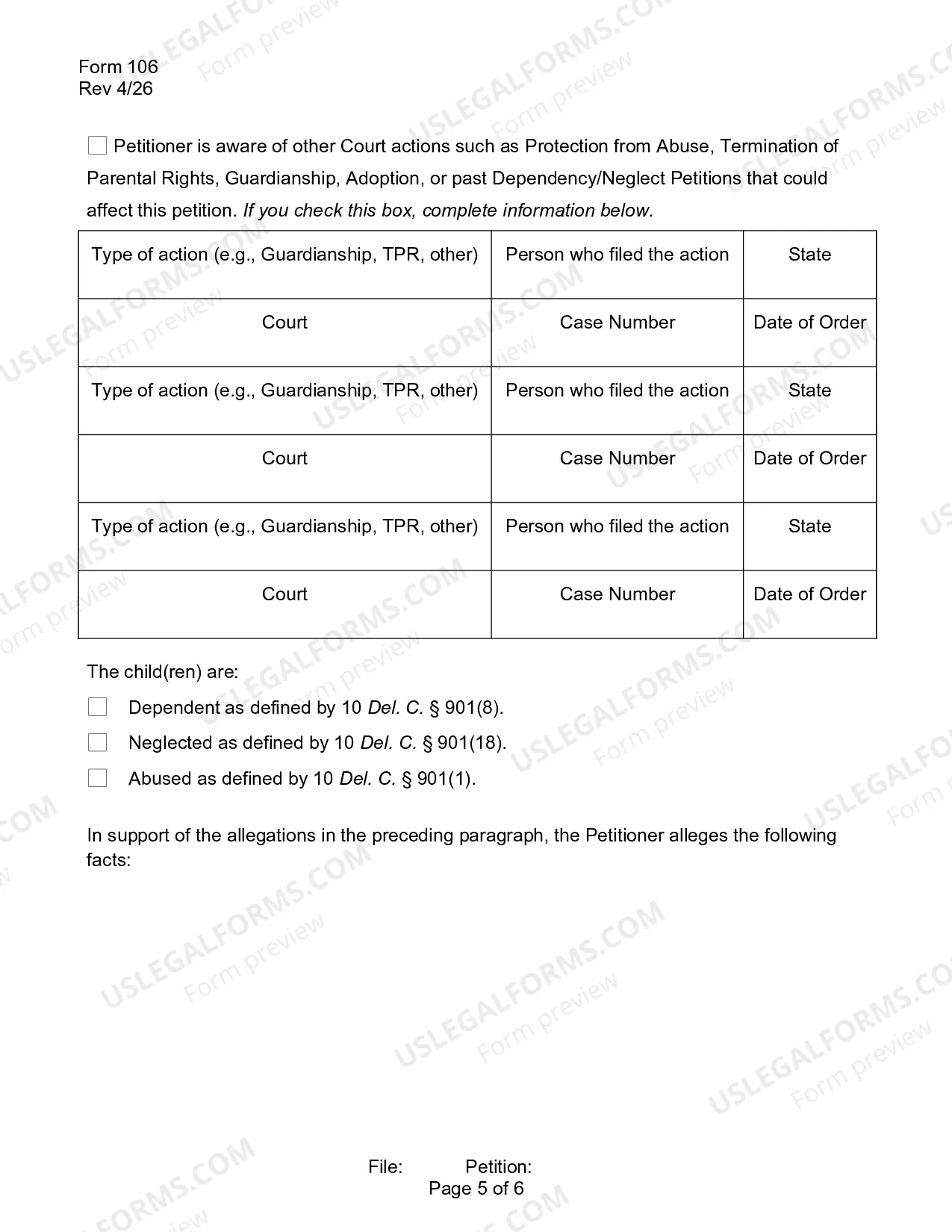 Preview Dependency or Neglect Petition for Custody