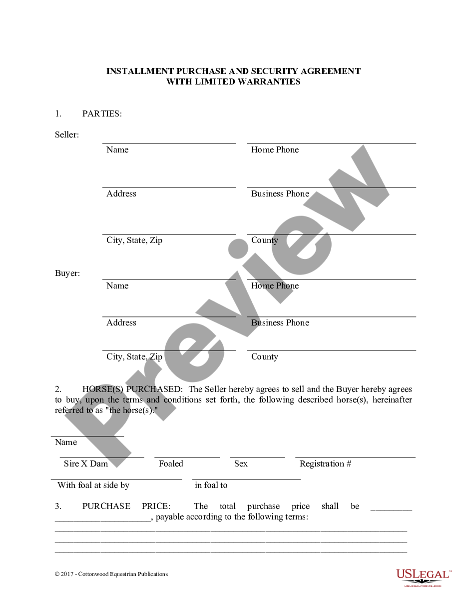 page 0 Installment Purchase and Security Agreement With Limited Warranties - Horse Equine Forms preview