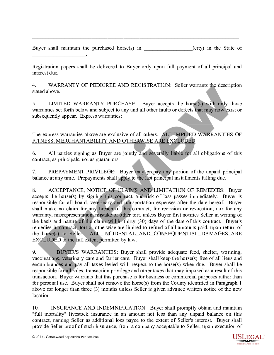 page 1 Installment Purchase and Security Agreement With Limited Warranties - Horse Equine Forms preview