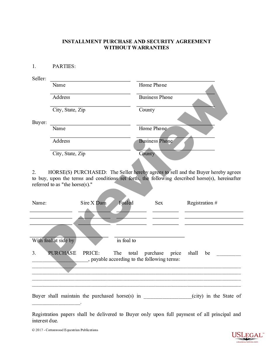 page 0 Installment Purchase and Security Agreement Without Limited Warranties - Horse Equine Forms preview
