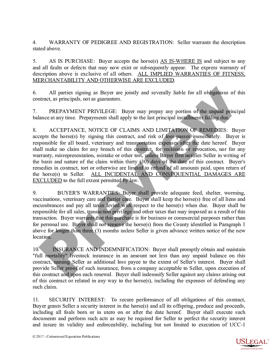 page 1 Installment Purchase and Security Agreement Without Limited Warranties - Horse Equine Forms preview
