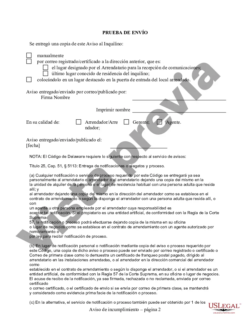 Preview Aviso de 7 días de incumplimiento de contrato de arrendamiento o alquiler que no sea la falta de pago del alquiler - Residencial - 7 días para subsanar