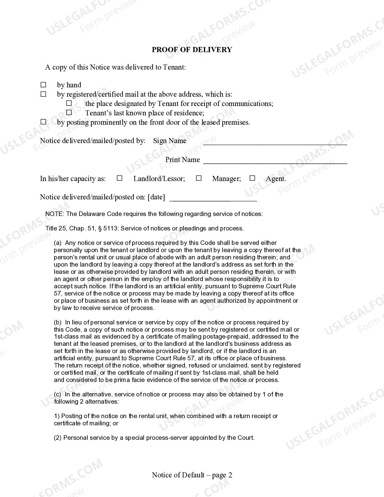 Delaware 7 day Notice of Breach of Lease or Rental Agreement other than the  Nonpayment of Rent - Residential - Notice Default Form | US Legal Forms